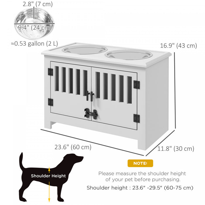 Pawhut Raised Dog Bowls, Elevated Dog Feeder With 2 Stainless Bowls, Storage Cabinet, Door, For Extra Large Dogs, White
