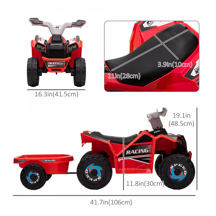 Aosom 6v Kids Atv Quad, Battery Powered Ride-On Electric Vehicle For Kids With Back Trailer, Wear-resistant Wheels, For Boys And Girls - Red