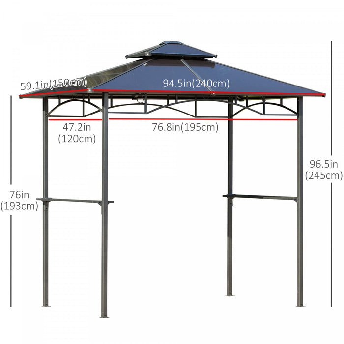 Outsunny 8' X 5' Hardtop Grill Gazebo, Aluminium Bbq Canopy Gazebo, Outdoor Canopy With Side Shelves & Double Roof