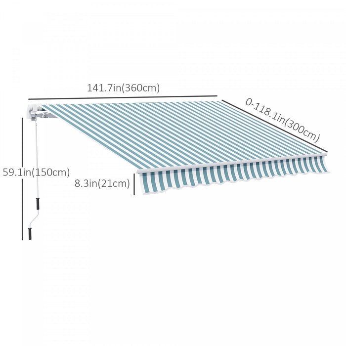 Outsunny 12' X 10' Retractable Awning Patio Sun Shade Shelter With Manual Crank Handle, Uv & Water-resistant Fabric And Aluminum Frame For Deck, Balcony, Yard, Green And White