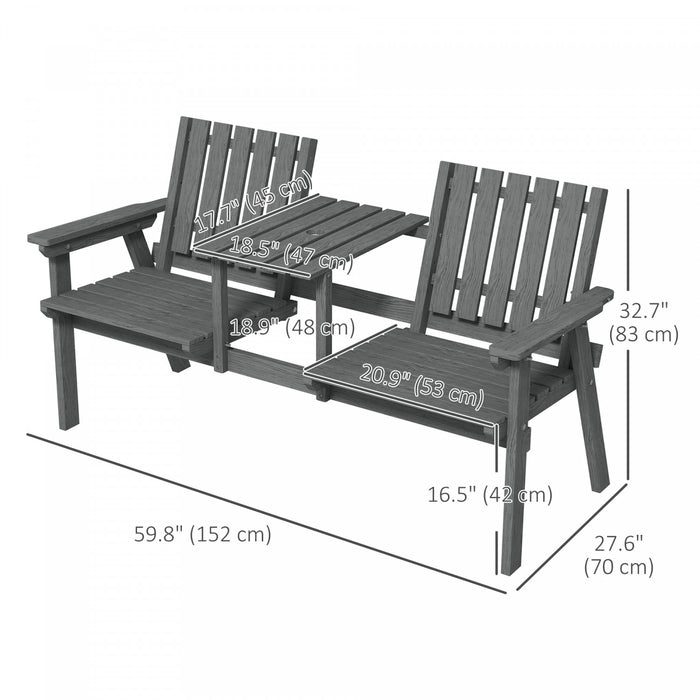 Outsunny Outdoor Wooden Bench With Middle Table And Umbrella Hole, Grey