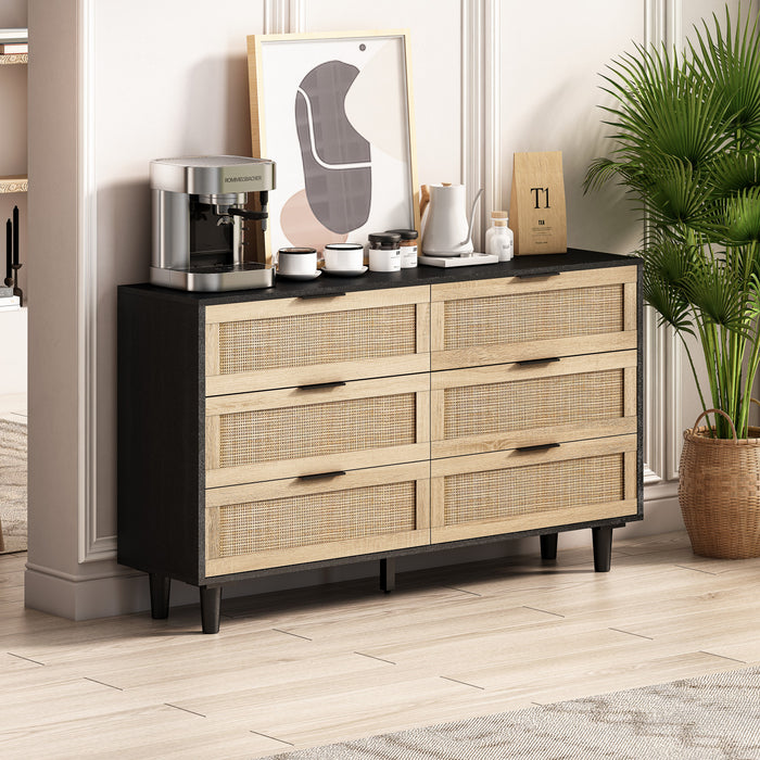 51.18\" Mila Modern 6 Drawer Rattan Storage Cabinet with Engineered Wood Frame - Black