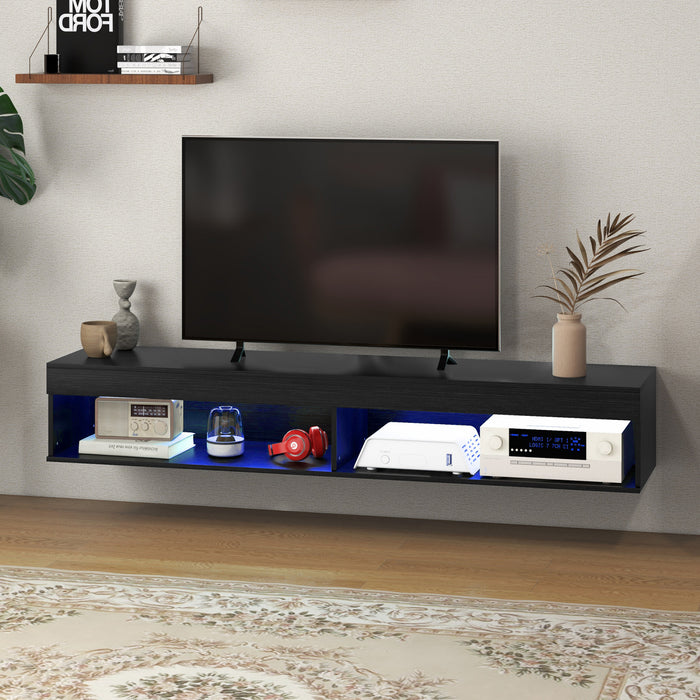 HOMCOM Floating TV Stand with Storage and Lights for TVs up to 75\" Black