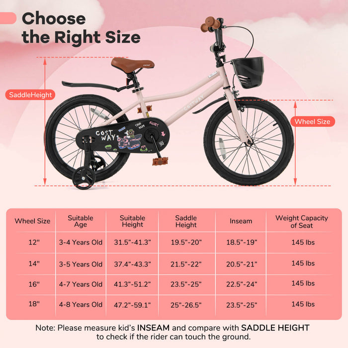Costway 18\" Kid's Bike With Training Wheels Adjustable Handlebar & Seat Handbrake Pink