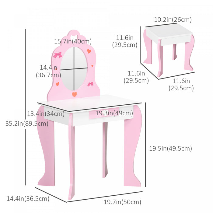 Qaba Kids Vanity Table & Chair Set, Girls Dressing Set, Make-up Desk With Drawer, Love Heart & Bow Patterns For 3-6 Years Old Children, Pink