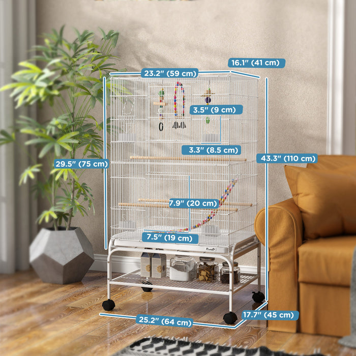 Pawhut 43\" Bird Cage For Budgies Cockatiels Canaries Lovebirds Finches With Rolling Stand, Toys, Removable Tray, Storage Shelf, White