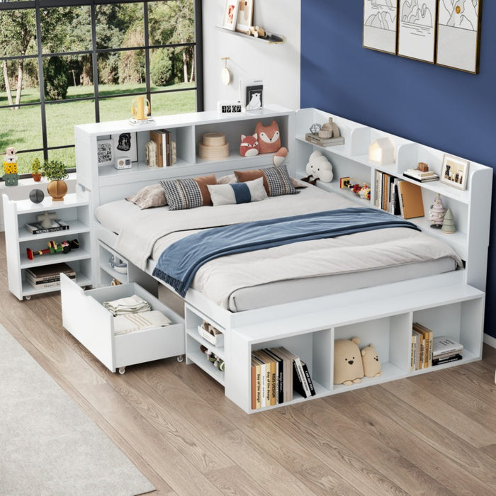 Ethan Multifunctional Daybed with Integrated Storage with Drawers and Bookcase,Full Size,White Full Bed