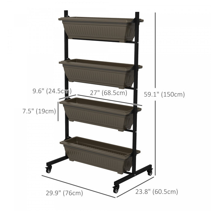 Outsunny 4-tier Vertical Raised Garden Bed With 4 Planter Boxes, Wheels, Outdoor Plant Stand Grow Container With Leaking Holes For Balcony Patio Outdoor, Brown
