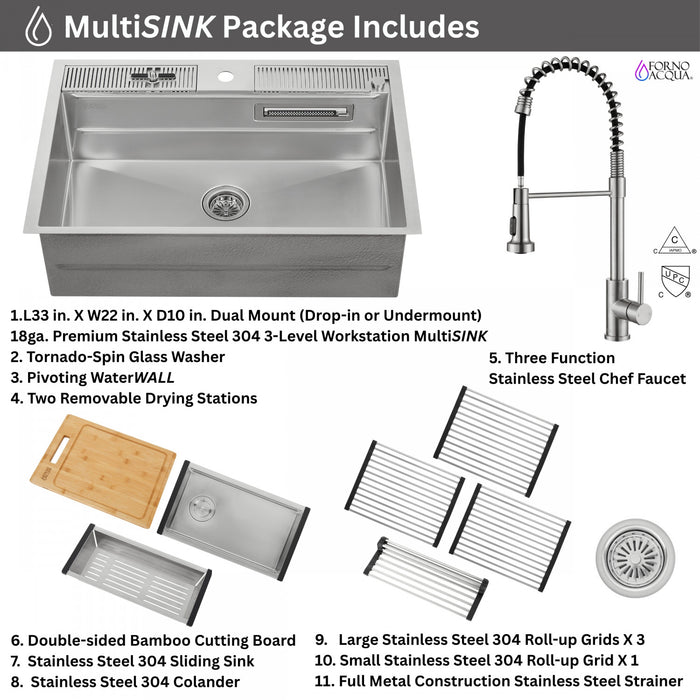 MultiSINK 33 in. Dual Mounted 3-Level Workstation Kitchen Sink, Faucet, Glass Rinser,Stainless Steel- D-WP31 Laundry Combo