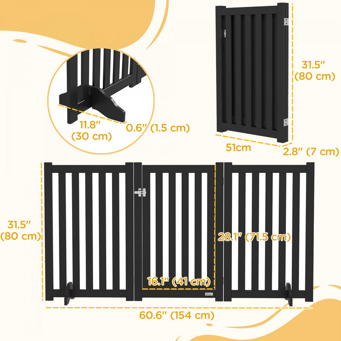 Pawhut Foldable Dog Gate With Door, 3 Panels Freestanding Pet Gate With Support Feet Indoor Playpen For Medium Dogs And Below, Black