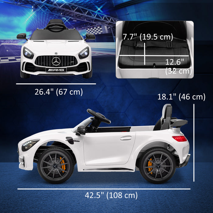 Qaba Electric Car For Kids, Mercedes-benz Amg Gtr Licensed Powered Ride-On Car With Remote Control, Lights, Music, Horn, Auxiliary Wheels, Soft Start, For 3-6, White