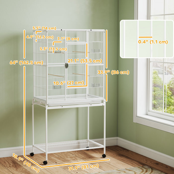 PawHut 64\" Large Bird Cage, Rolling Metal Parrot Cage, Bird House with Detachable Rolling Stand, Storage Shelf, Wood Perch, Food Container, 32\" x 19\" x 64\", White
