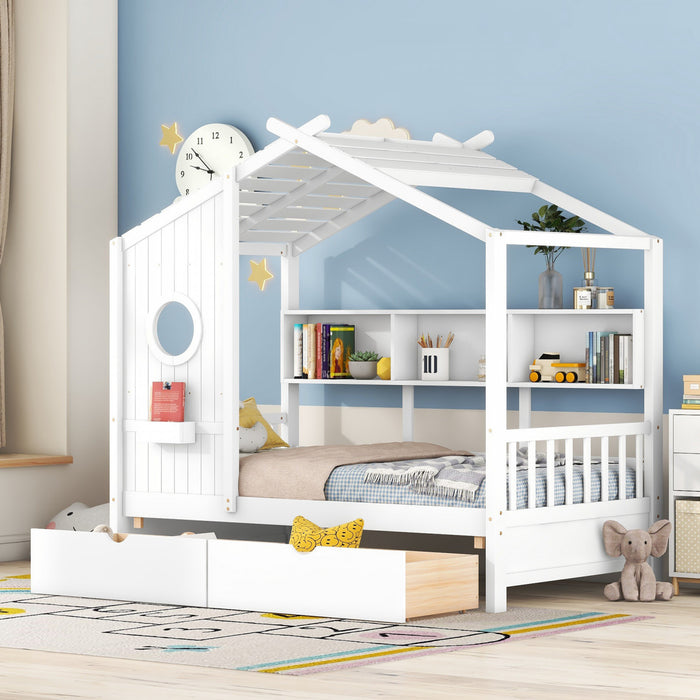 Jeames Wood House Bed with 2 Storage Drawers and Shelf,Twin Size - White