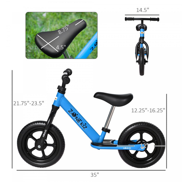 Qaba 12\" Kids Balance Bike No Pedal Bicycle Adjustable Seat And Handlebar Training Toddler Bike 3 - 5 Years Blue