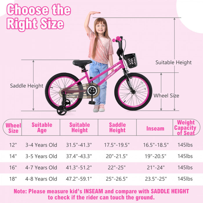 Costway 16\" Kid's Bike With Training Wheels Adjustable Handlebar & Seat Handbrake Pink