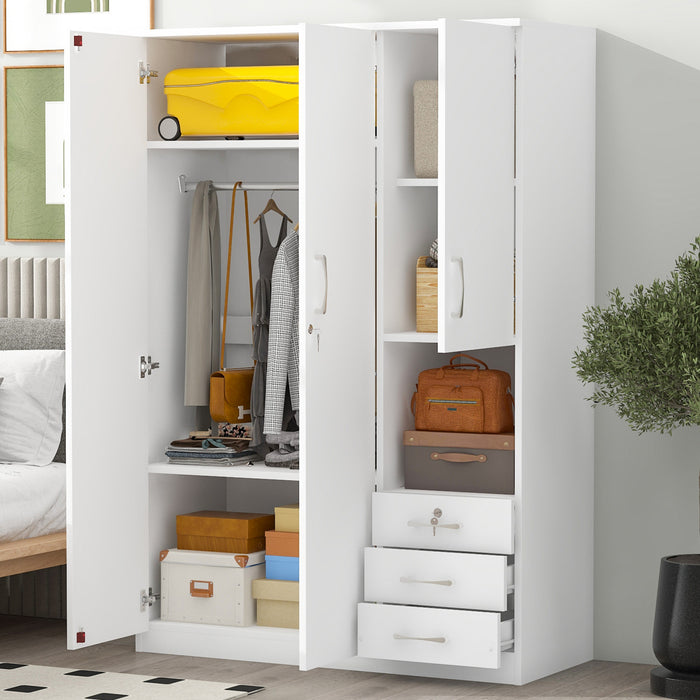 Lydia 47.2\" 2-doors Wooden Wardrobe Storage With Shelves And 3 Drawers, White
