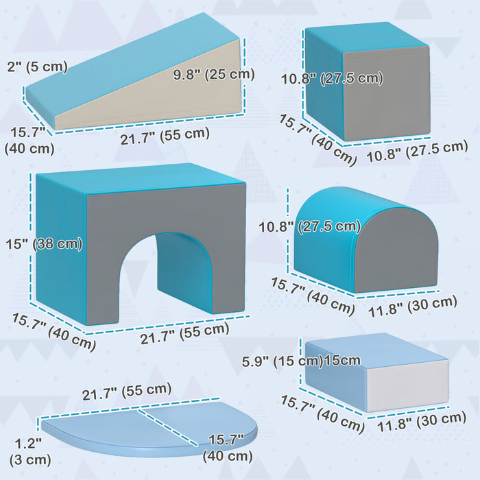 Qaba 7-piece Soft Play, Foam Climbing Blocks For Toddlers, Kids' Educational Climbing Crawling Toys, Kids Foam Play Set Stairs And Ramp, Blue/grey