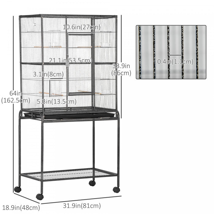 Pawhut 64\" Large Bird Cage, Rolling Metal Parrot Cage, Bird House With Detachable Rolling Stand, Storage Shelf, Wood Perch, Food Container