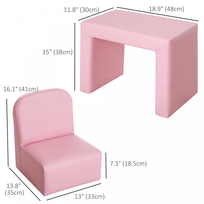 Qaba 2 In 1 Kids Sofa Set, Toddler Sofa With Table And Chair, Baby Sofa Chair Armchair For 3-9 Years Old, Pink