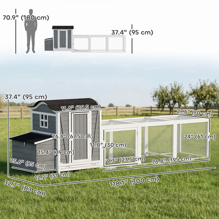PawHut 118\"L Chicken Coop, Large Wooden Hen House with Run, Pull-Out Tray, Waterproof Roof, Nesting Box, Swing, Roosting Bars, Outdoor Chicken House for 3-4 Hens, Light Grey