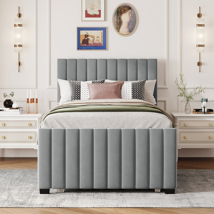 Ethan Space-Saving Velvet Upholstered Platform Bed with Trundle,Twin Size,Grey Twin Bed