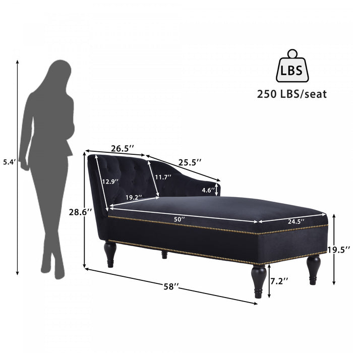 Serena Velvet Chaise Lounge with Button Tufting and Nailhead Trim, Black