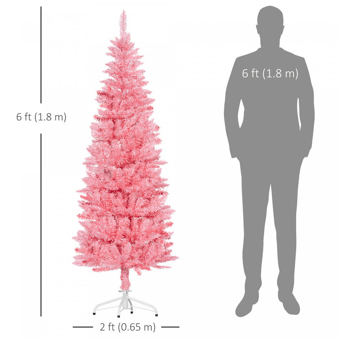 Homcom 6ft Tall Pencil Artificial Christmas Tree With Steel Base, Pink