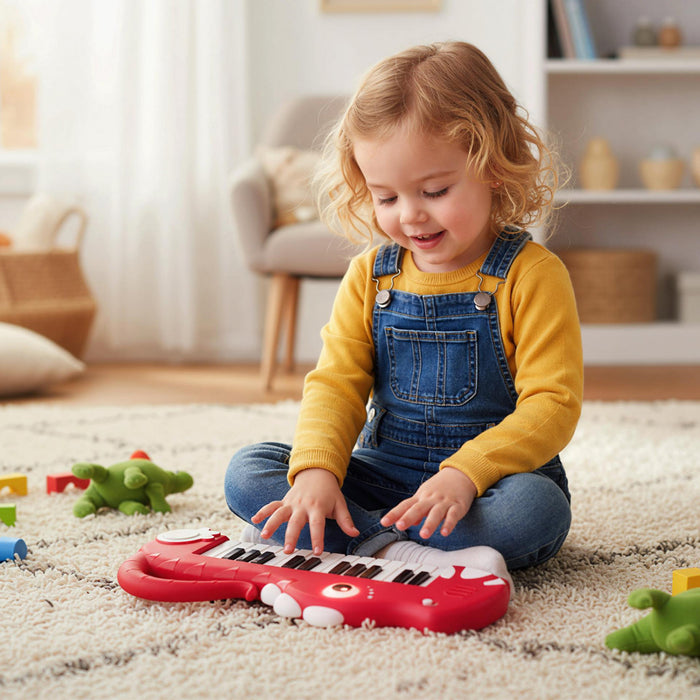 Costway 25-Key Kids Piano Keyboard Dinosaur Shape Toy Digital Piano with Built-in Music & Light Red