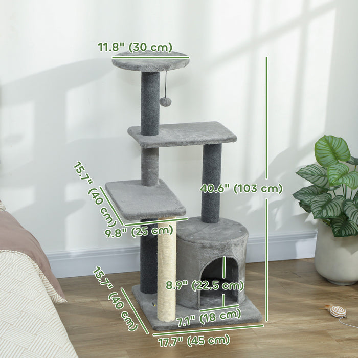 PawHut 41\"H Large Cat Tree for Indoor Kittens and Adults, Cat Tower Multi-Level with Sisal Scratching Post, House, Jumping Platforms, Toy Ball, Grey