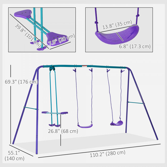 Outsunny 3 in 1 Metal Swing Set with Double Swings, Glider, Kids Swing Set for Backyard, Outdoor, Playground, Purple