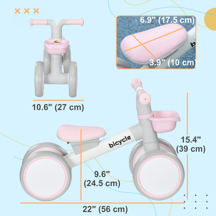 Qaba Baby Balance Bike, Toddler Balance Bike For 12-36 Months With Adjustable Seat, Removable Basket, 4 Silent Wheels, No Pedal Baby Bike For Boys And Girls, Pink