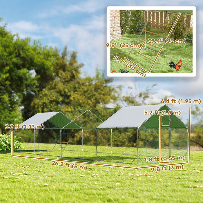 PawHut Chicken Run, Large Metal Chicken Coop with Feeding Door, Waterproof & UV-Resistant Cover, Hanging Feeder, Perch, Poultry Cage for Outdoor, Backyard, Farm, for 24-30 Poultry