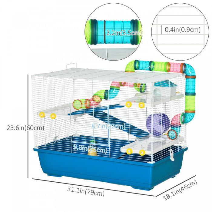 Pawhut 31\" Large Hamster Cage, Small Animal House, Multi-storey Gerbil Haven, Tunnel Tube System, With Water Bottle, Exercise Wheel, Food Dish, Ramps, Blue