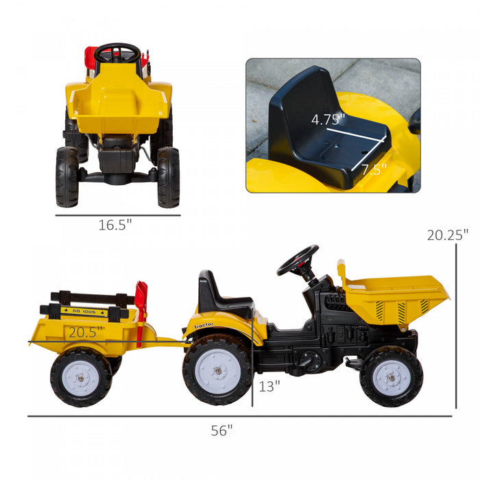 Aosom Ride On Toy Pedal Dump Truck, Front Loader Construction Tractor With Detachable Trailer, Yellow