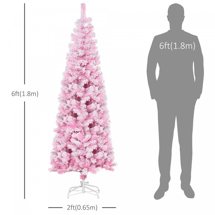 Homcom Snow Flocked Pencil Artificial Christmas Tree With Steel Base Pink