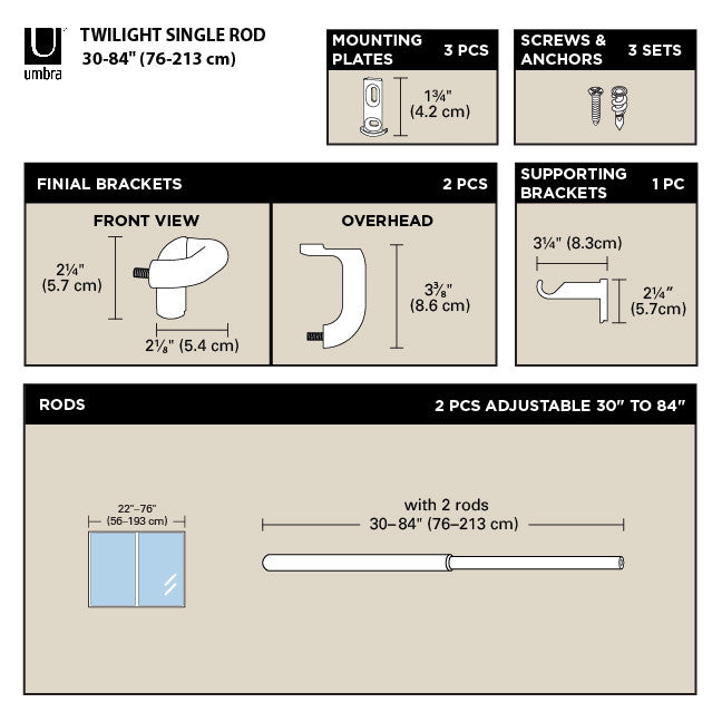 Umbra Twilight Matte Black Expandable Blackout 3/4\" Curtain Rod - 30\"-84\" 