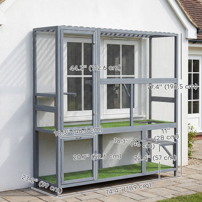 PawHut Catio Outdoor Cat Enclosure, 77\" H Wooden Cat House with Waterproof Roof, Platforms and Scratching Post, Large Catio for 2-3 Indoor Kittens, 63.8\" x 19.7\" x 77\", Light Grey