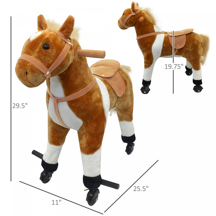 Qaba Kids Rocking Horse, Large Walking Ride On Toy For Toddlers 3 Year Old, Baby Plush Animal Rocker With Sound And Wheel, Brown