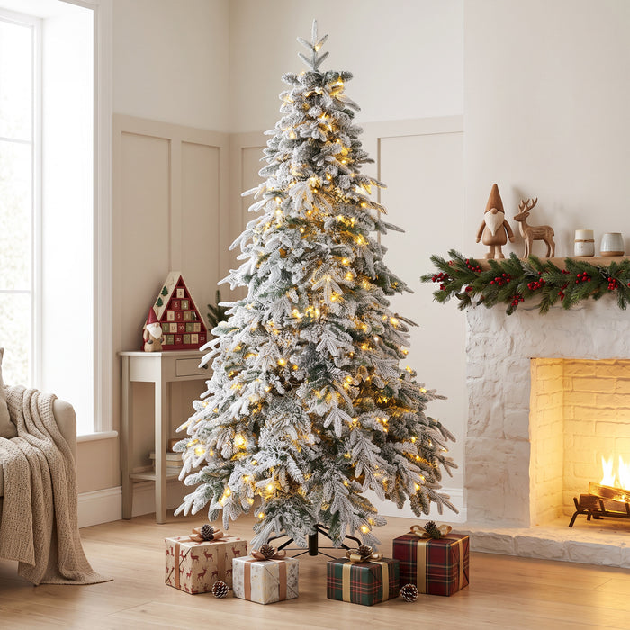 HOMCOM 6ft Prelit Flocked Christmas Tree, Downswept Hinged Xmas Tree