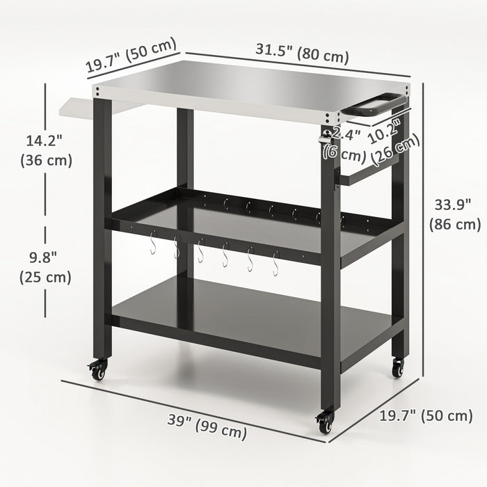 Outsunny Outdoor Kitchen Prep Station, Three-Shelf Stainless Steel Rolling Grill BBQ Cart with Wheels, Pizza Oven Stand, Movable Prep Table with Hooks, Black