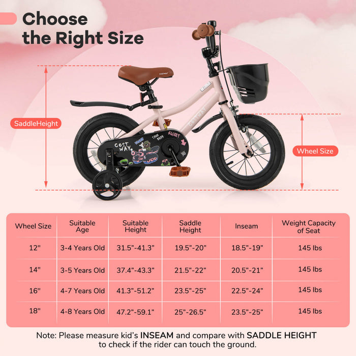 Costway 12\" Kid's Bike With Training Wheels Adjustable Handlebar & Seat Handbrake Pink
