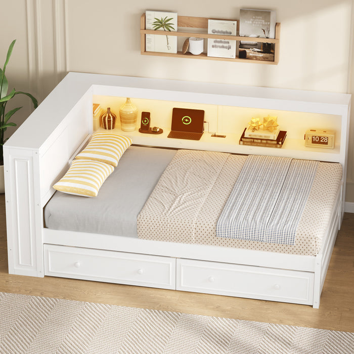 Arthur Full Size Wood Daybed with LED Light, USB Port and 2 Storage Drawers, White