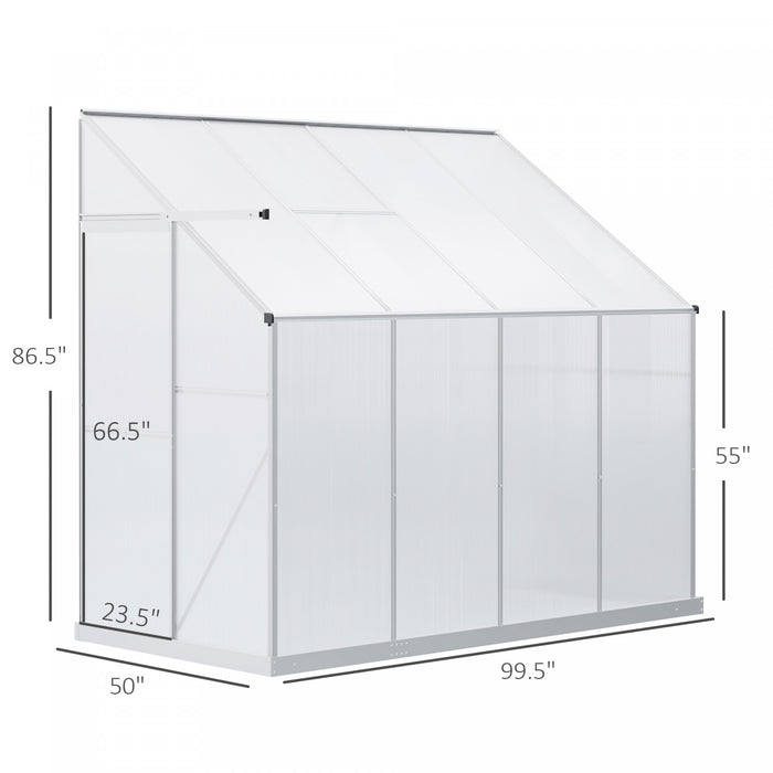 Outsunny 8' X 4' X 7' Lean-to Polycarbonate Greenhouse With Aluminum Frame, Outdoor Walk In Garden Green House With Roof Vent For Plants, Herbs, Vegetables, Silver