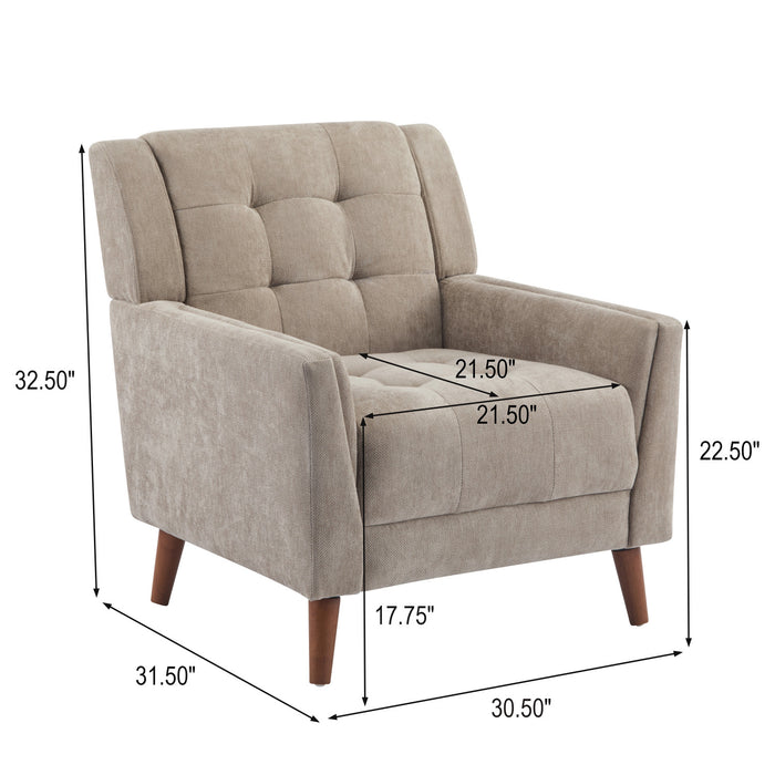 Midway Mid-Century Modern Armchair with Tufted Waffle Stitch, Light Brown, Walnut