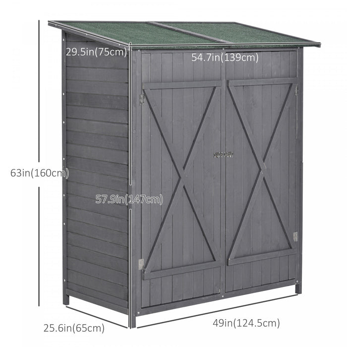 Outsunny 54.75''x29.5''x63'' Garden Storage Shed Asphalt Roof Wooden Timber Double Door Utility Storage House W/ Movable Shelf & Fixed Fittings, Green And Grey