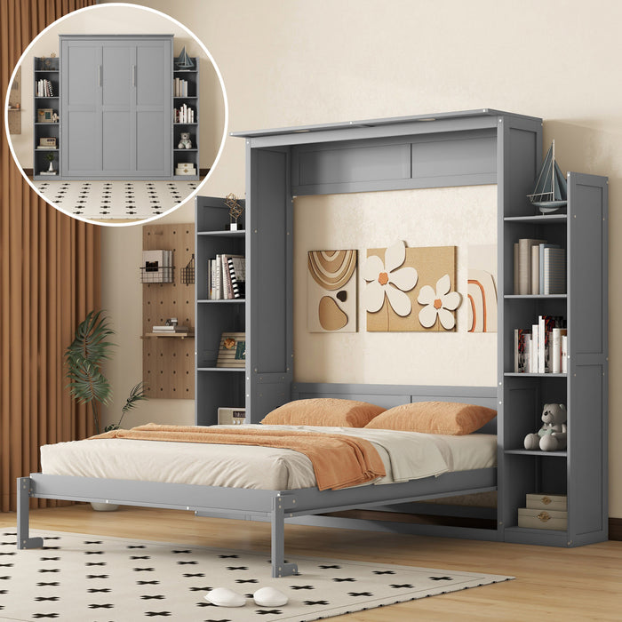 Glenn Engineered Wood Murphy Bed With Shelves And Led Lighting, Queen Size, Grey