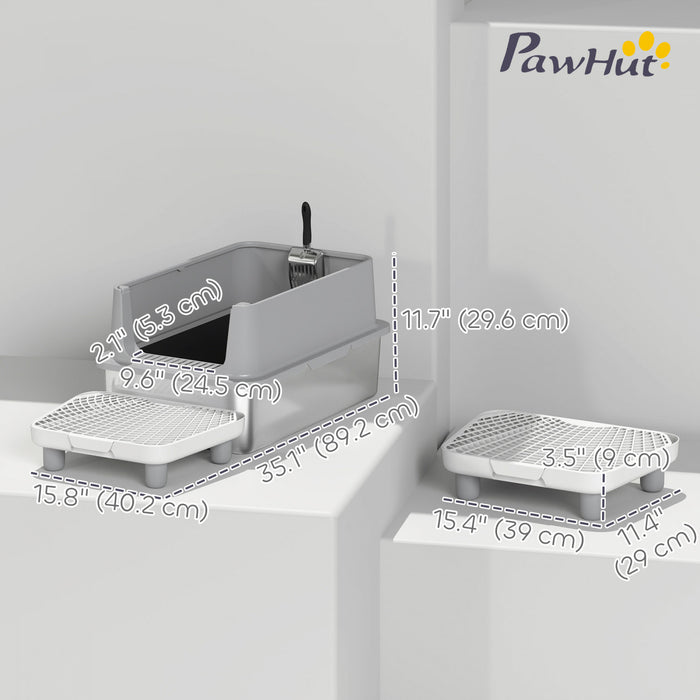 PawHut Stainless Steel Cat Litter Box, XL Kitty Litter Box for Big and Multiple Cats with High Wall Side, Scoop, Step, Anti-Leakage, Easy Cleaning & Odour Free, Grey