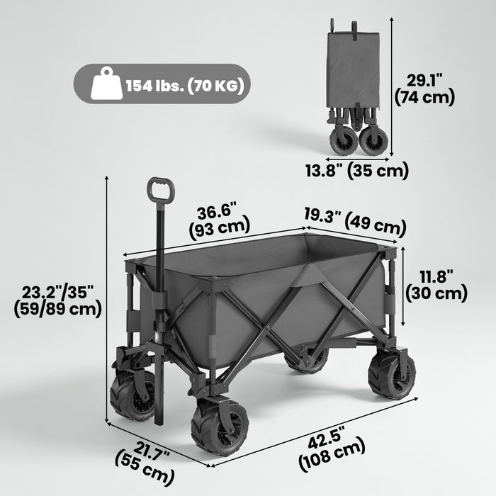Outsunny Collapsible Wagon Cart, 205L Foldable Utility Wagon with Telescopic Handle, Big Wide All-Terrain Wheels, Camping Beach Cart for Grocery Sports Shopping Garden, Dark Grey