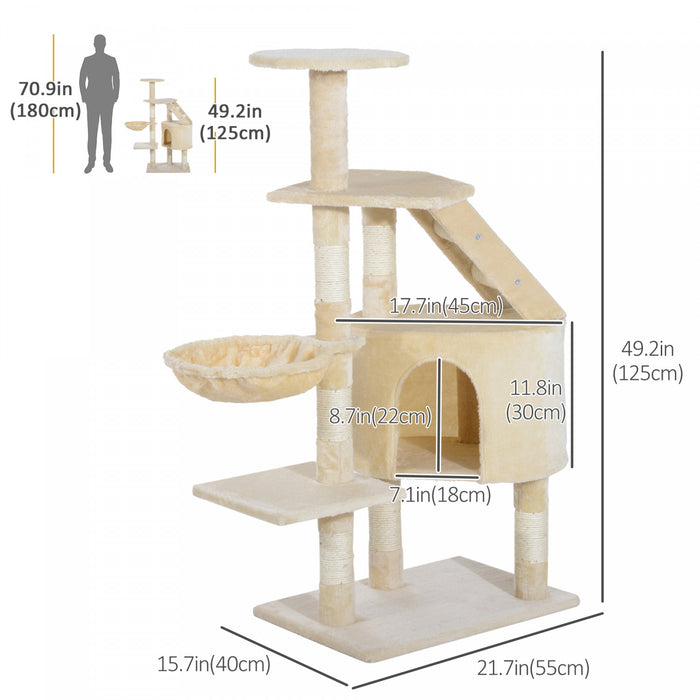 Pawhut 49\" Cat Tree With Hammock, Cat Condo Tower With Scratching Post For Indoor Cats, Beige