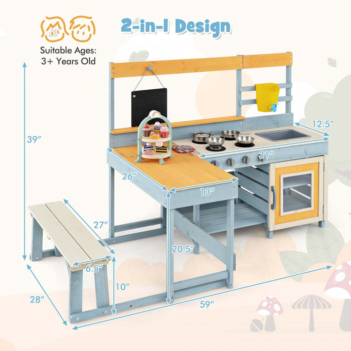 Costway Mud Kitchen With Kids Picnic Table Built-in Bench Blackboard Water Box Sink